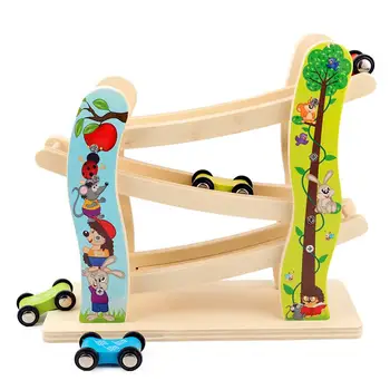 

Wooden Track Car Toys Gliding Cars Race 3 layers Slider Ladder Slot Track Play set for Kids Turn back Ramp Car Racing Games Gif