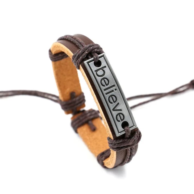 Vintage Letter Believe Leather Adjustable Bracelet Woven Bracelet for Men and Women Fashion Simple Gift Jewellery Wholesale