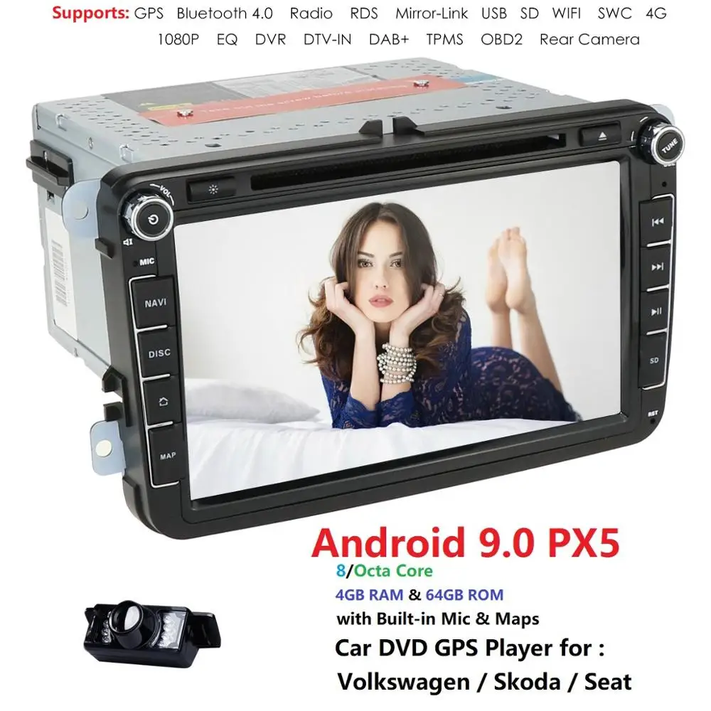 Discount 8"2Din 4+64G Android9.0 Car DVD Player For V W Volkswagen/POLO/PASSAT/Golf/TOURANSHARAN 8OctaCore GPS BT WIFI 1024*600 Radio OBD 4