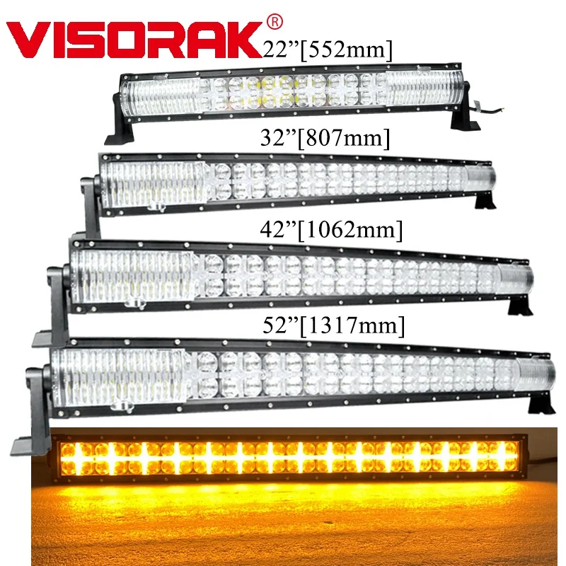 VISORAK-Barra de luz LED de obra para camión, 22, 32, 42 y 52 pulgadas, recta y curvada, con Cruz con luz ámbar, ATV, barra de trabajo LED para coche todoterreno