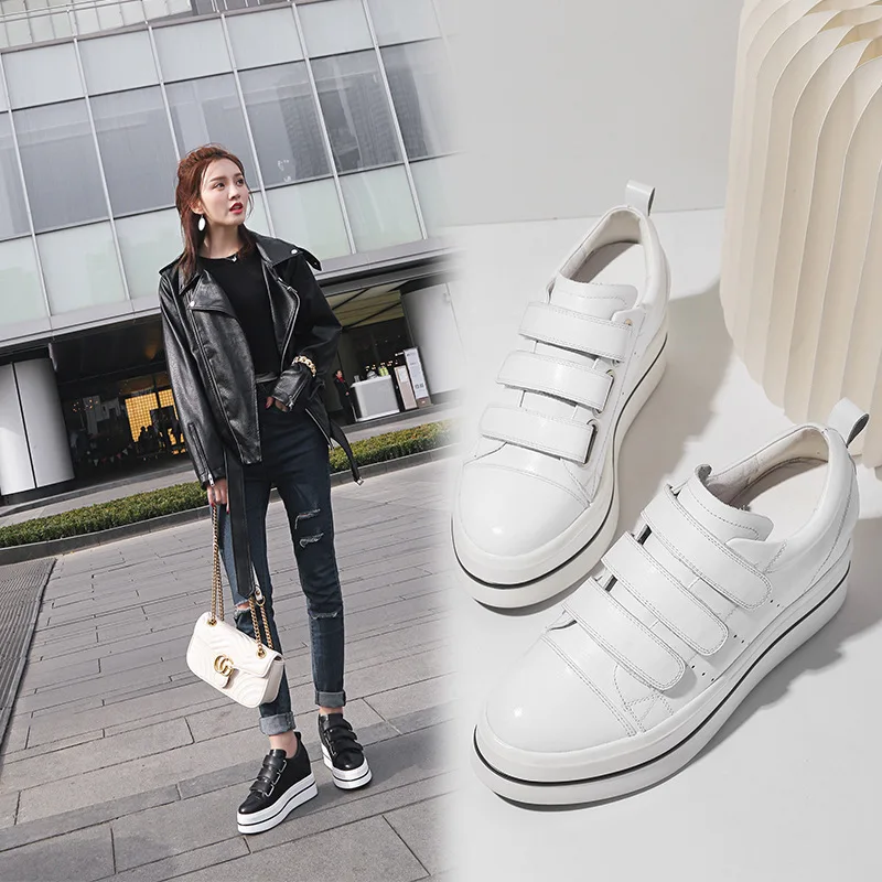 

Inside And Pure Leather College Style Versatile Elevator White Shoes 2019 New Style Four Seasons Casual Shoes Velcro Fashion
