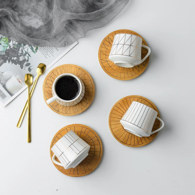 Креативная линейка полосатая керамическая кофейная чашка с бамбуковым блюдом скандинавский послеобеденный чай Мини 80 мл концентрированная кофейная чашка для отправки ложки