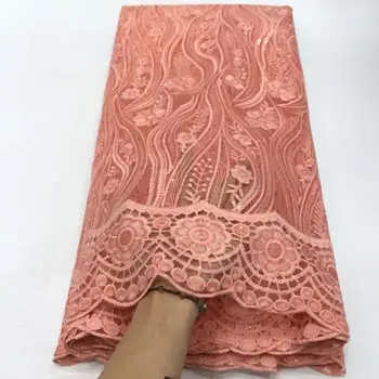 

Latest Peach Gold Sequins African Embroidery Tulle Lace Fabric 2019 High Quality French Mesh Lace Fabric With Sequins 5 Yards
