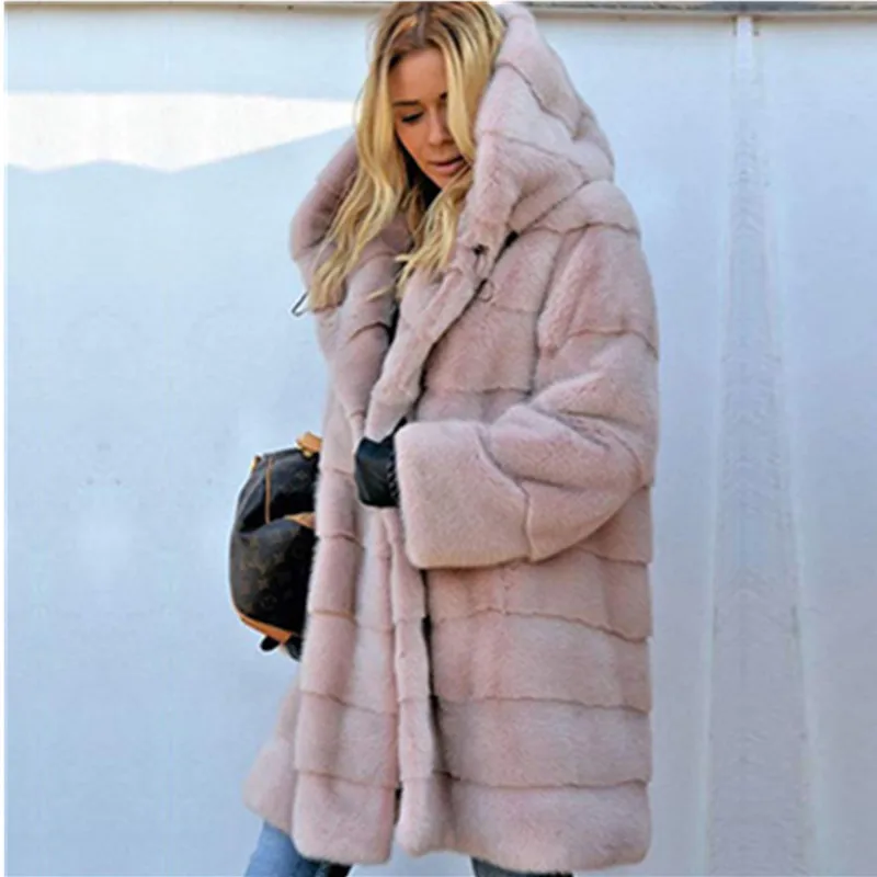 Женское пальто с искусственным мехом, Осень-зима, свободная, хип-хоп стиль, цветная, кроличья шерсть, стильная Меховая куртка для женщин, большие размеры, верхняя одежда - Цвет: Pink
