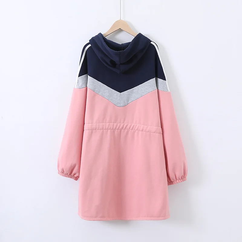 4XL большие длинные толстовки Модные утепленные Лоскутные розовые флисовые топы с капюшоном на молнии Женский пуловер Одежда