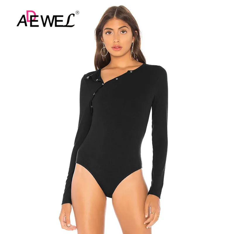 

ADEWEL Asymmetric Snap Button Ribbed Knit Bodysuit 2019 Long Sleeve Solid Winter Basic Body Suit Female Black Blue Bodysuit