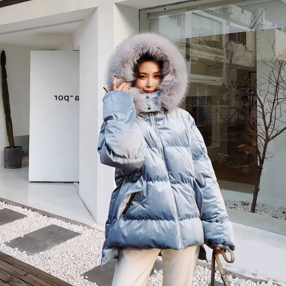 

Photo Shoot CHIC Sweet Pink Velvet Hooded Model Large Fur Collar Front Short Long Back down Coat Cotton Overcoat Women's Winter