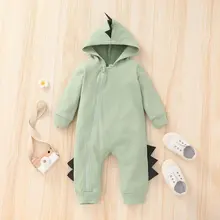 Baby Toddler Dinosaur Model Solid Color Romper with Tassels Long Sleeve Zip-up Hooded Jumpsuit for Spring Autumn