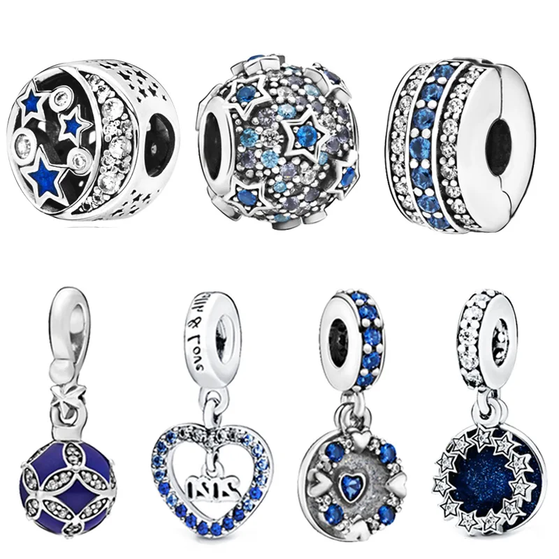

BBee 925 Sterling Silver DIY Moments Beads Blue Sky Sparkling Star Blue Water Charms for Original Pandora Bracelet Women Jewelry