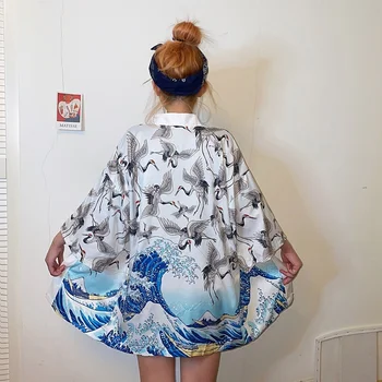 

Japanese Yukata Kimono Summer 2020 Top Japan Red-Crowned Crane Haori Kimono Japones Harajuku Kimono Boho Yukata Women FF2592
