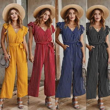 

Striped sexy V-neck A collar lotus leaf sleeve cotton jumpsuit temperament female summer high waist straight pants workplace