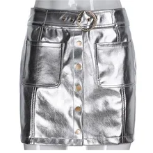 Блестящая серебряная Женская юбка из искусственной кожи, высокая талия, пуговицы, облегающая юбка, Ретро стиль, женская одежда, Wetlook, выше колена, мини-юбки из искусственной кожи