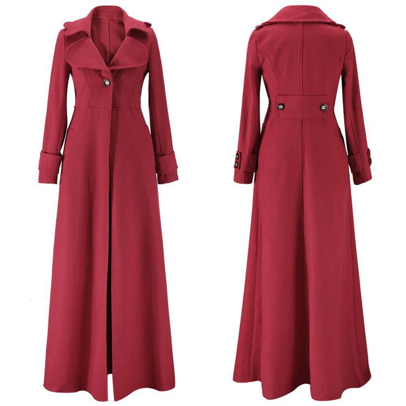 Осенне-зимнее шерстяное пальто Женская мода с отворотом тонкая Длинная парка пальто кнопка для ветровки шерстяное пальто женский длинный Тренч Верхняя одежда 5