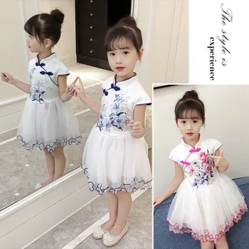 

New girls baby short sleeve dress princess dress summer children cheongsam costume princess little girl net yarn lace dress
