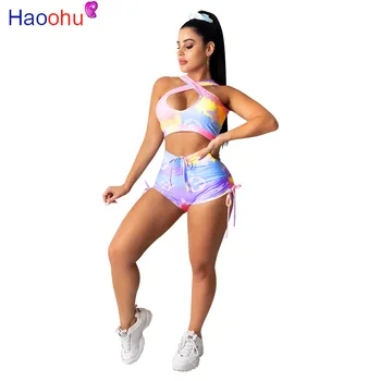 

HAOOHU Women Tie Dye Butterfly Halter Neck Crop Tops Stacked Tie Up Shorts Active Wear Tracksuit Two Piece Set Fitness Outfits