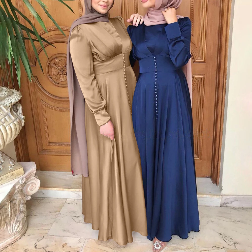 Elegant Muslim Women Abaya Maxi Dress Long Sleeve Dubai Kaftan Vintage Casual