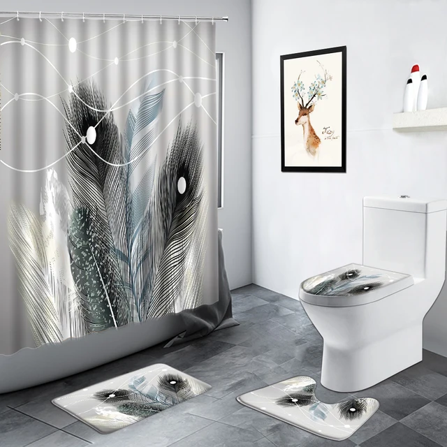 Feather style Waterproof Bathroom Shower Curtain Bath mat Multiple sizeBDAU 