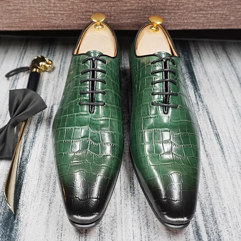 LUXURY MEN OXFORD SHOES GREEN BLACK CROCODILE PRINT LACE UP CASUAL MEN DRESS SHOES OFFICE WEDDING PARTY GENUINE LEATHER MAN SHOE
