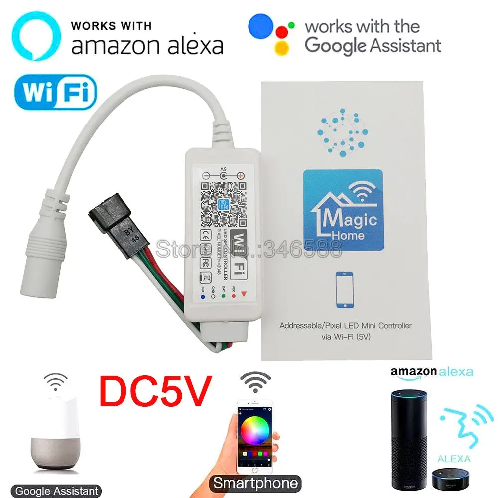 DC5V Magic Home WiFi-SPI светодиодный контроллер для управления телефоном, приложение для управления Alexa Google Home Голосовое управление для 5 В WS2812 Адресуемая Пиксельная полоса