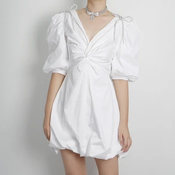 

2020 New White Women Pleated Mini Dress Bow Tie Puff Sleeve Lady V-neck Sweet Back Zipper Femme Short Dress