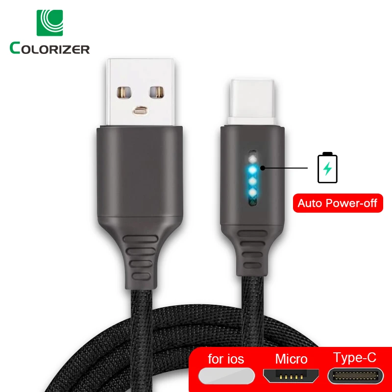 

Smart Power Off 2.4A Charging Data Cable For Samsung iPhone Huawei Auto Power-off Protection Cord With LED For Micro USB Type C