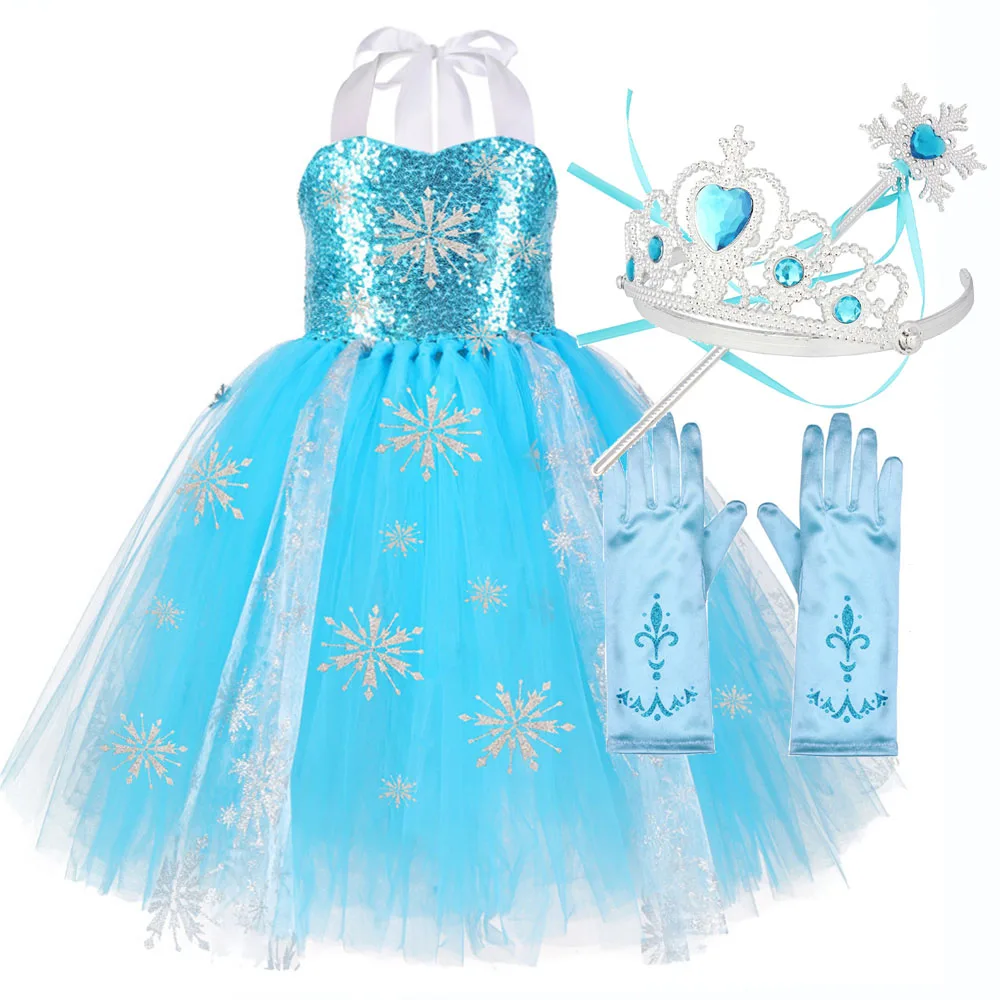 Girls Sequin Snowflake Froze 2 Dress Kids Princess Costume Blue Summer for Children Flower Party Clothes | Детская одежда и обувь