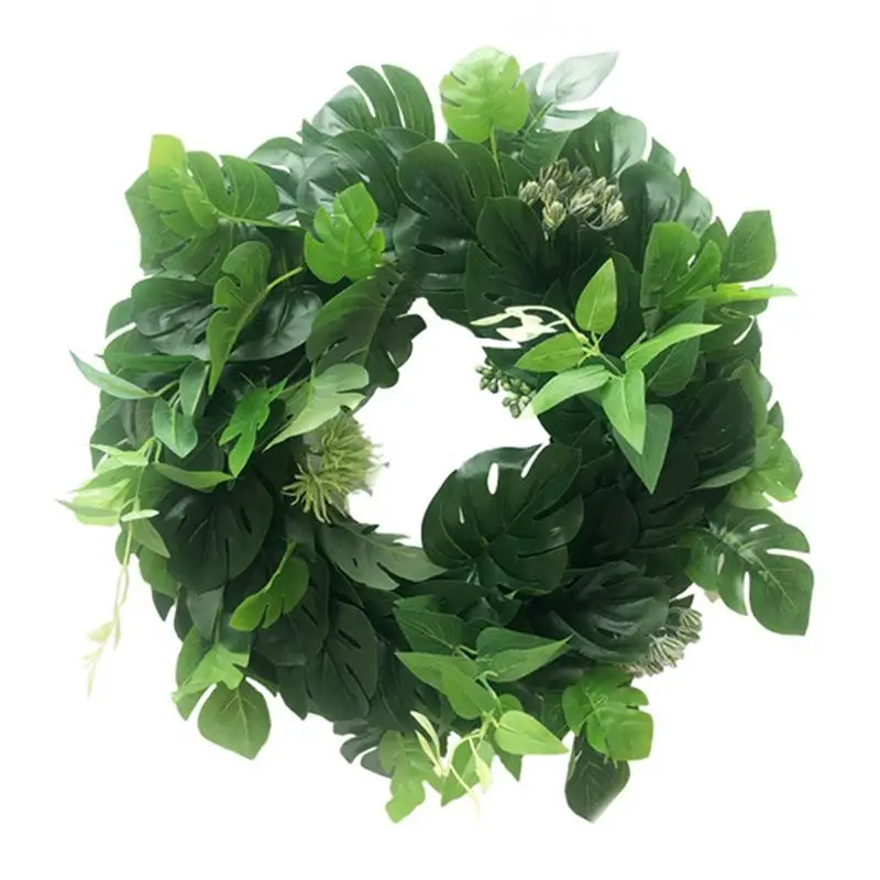 

43cm 2019 New Artificial Monstera Leaves Wreath Door Hanging Wall Window Decoration Wreath Holiday Festival Wedding Decor