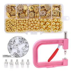 Torus Handheld Pearl and Rivet Setting Machine with Bead Screw Heads for DIY Fashion Accessories (Pink x golden pearls)