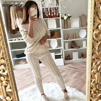

Puimentiua sweater set New Women Fashion Autumn Solid Color Sweater 2 Piece Set Casual Knitted Tracksuit Jumpsuit Set 2019