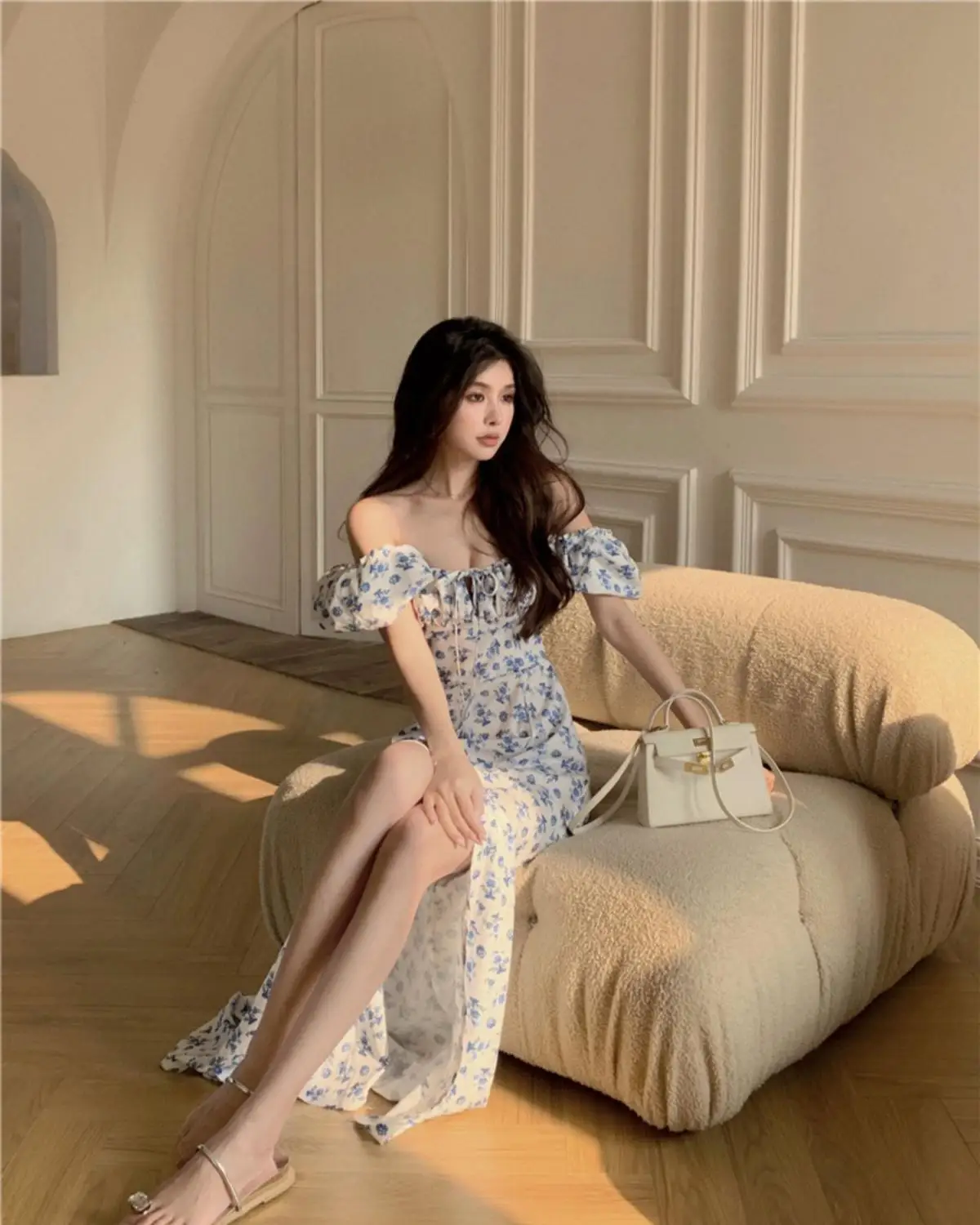 Dresses Women Side-slit French Style Print Leisure Puff Sleeve All-match Sexy Ladies Vestidos Vintage College Birthday Party New maxi dresses