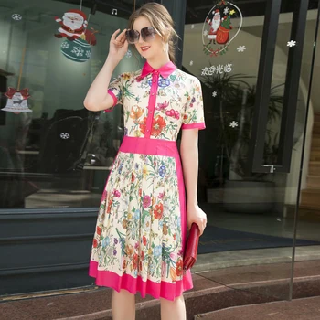 

Bohemia Print Hand-Painted Flowers Single-Breasted Shirt Short-Sleeved Pleated Dress Spring And Summer New Women'S Clothing