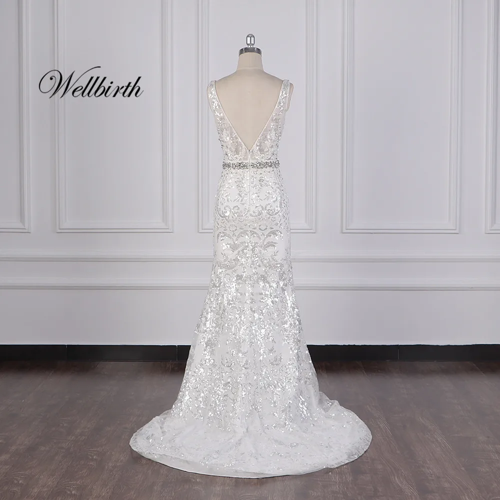 Реальное изображение Wellbirth Vestido de novia v-образный вырез Русалка свадебное платье с коротким рукавом свадебное платье jc043