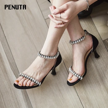 

2020 PENUTA Rhinestone Sandals Women Mature High Heel Wedding Shoes Suede Leather Ladies Crystal Bridal Sandals Black New X0088
