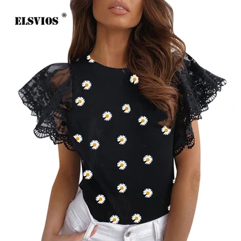 

Women Blouse Spring Summer 2020 Woman Sexy Embroidery Lace Short Sleeve Shirt Retro Daisy Print O-neck Ladies Tops Plus Size 5XL