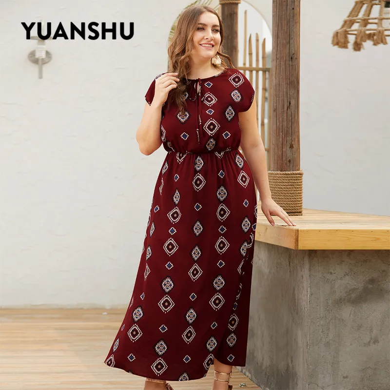 YUANSHU, XL-4XL размера плюс, богемное, с принтом, длинное платье для женщин, с круглым вырезом, с высокой талией, выше размера d, платье для праздника, вечеринки, платье большого размера