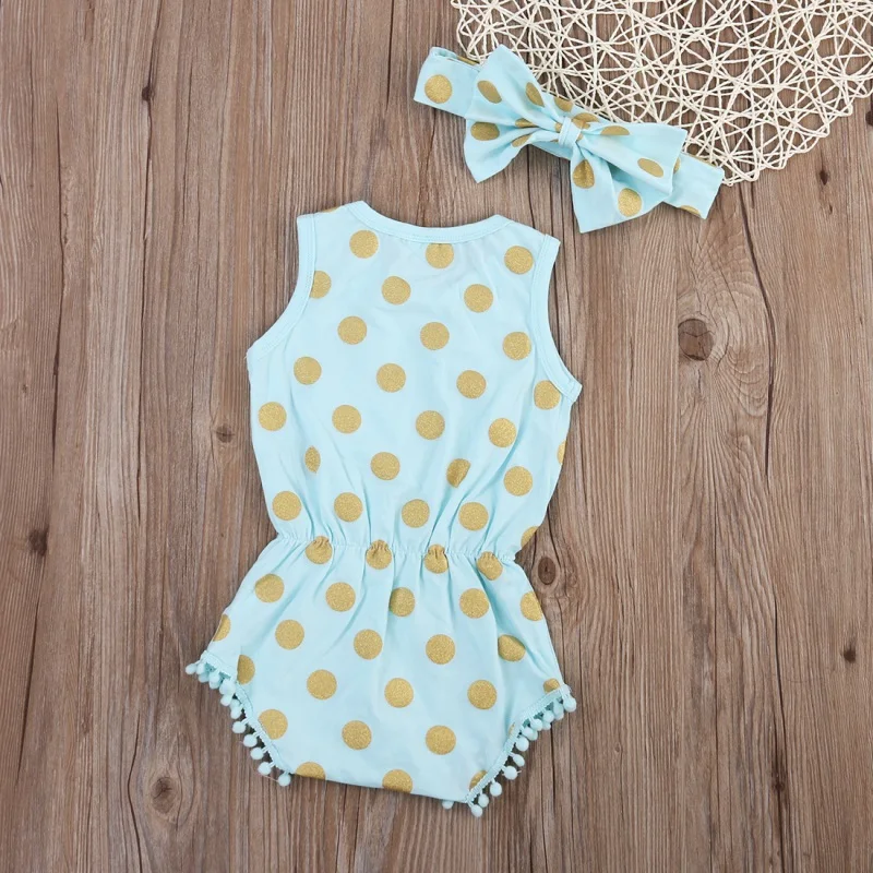 Одежда для новорожденных; Новая летняя одежда принцессы для маленьких девочек; боди с кисточками и бронзовым ободок в горошек; детские комбинезоны для первого дня рождения