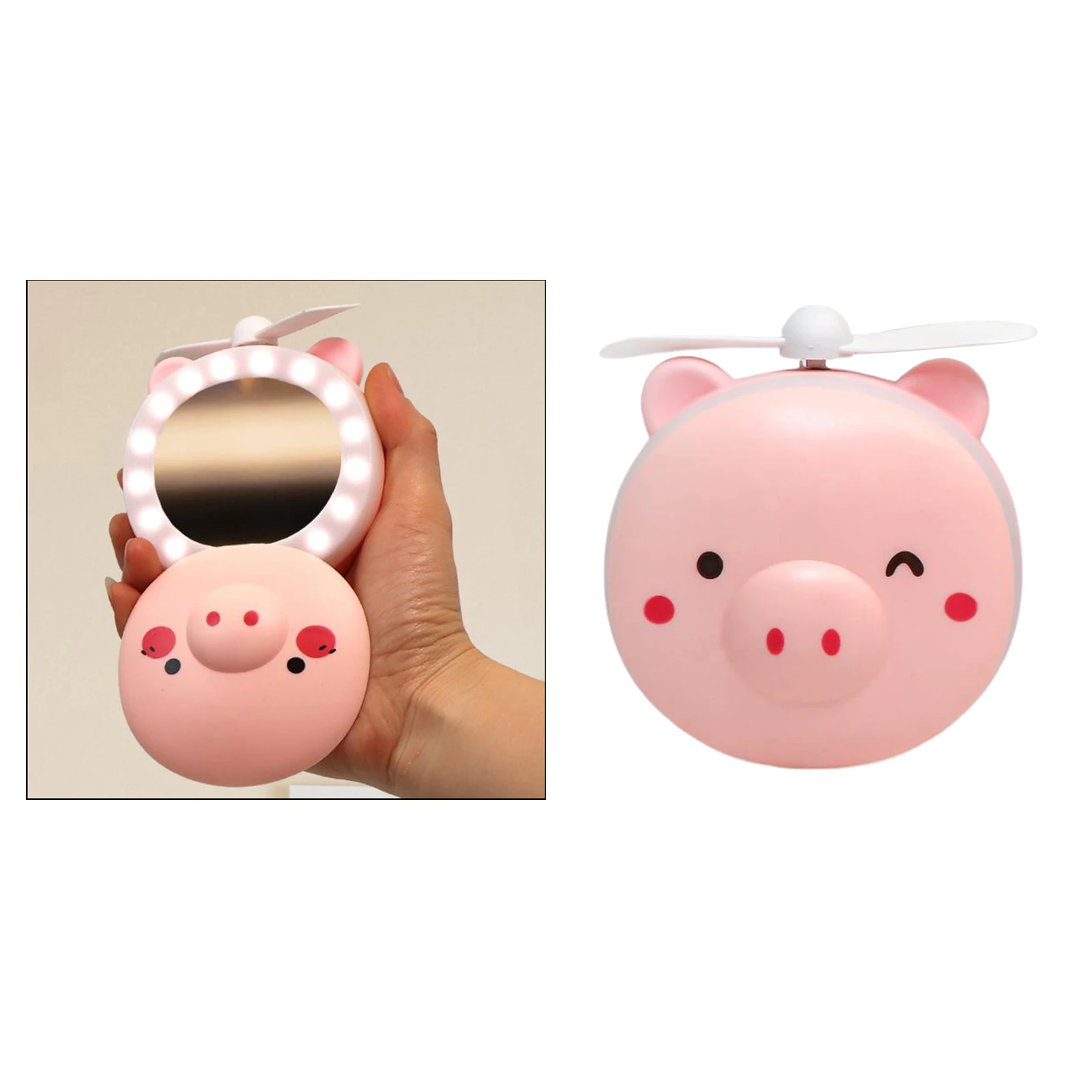 3in1 Cute Piggy Mini Cosmetic Mirror Cooling Fan Light USB Outdoor Indoor