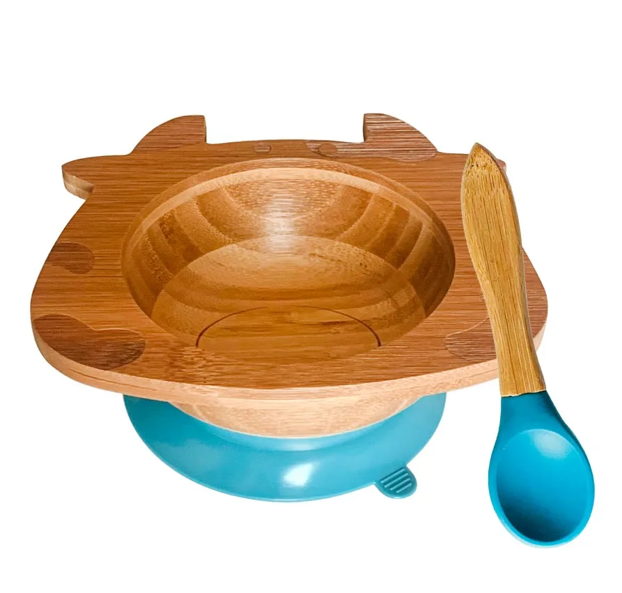 Горячая корова Смарт держать всасывания чаша, оставаться в месте, сделанный из натурального бамбука и пищевого силикона - Цвет: Blue Bowl and Spoon