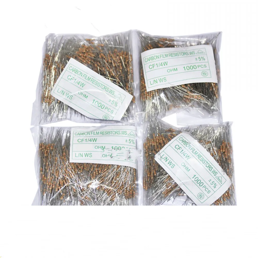 1000pcs 1/4W 1R--10M 5% 1K 2K 2.2K 4.7k 10K 100K 100R 220R 470R 1/2/3/4.7/5.1/6.8/10/20/30/47/68R 0.25W 탄소 필름 저항