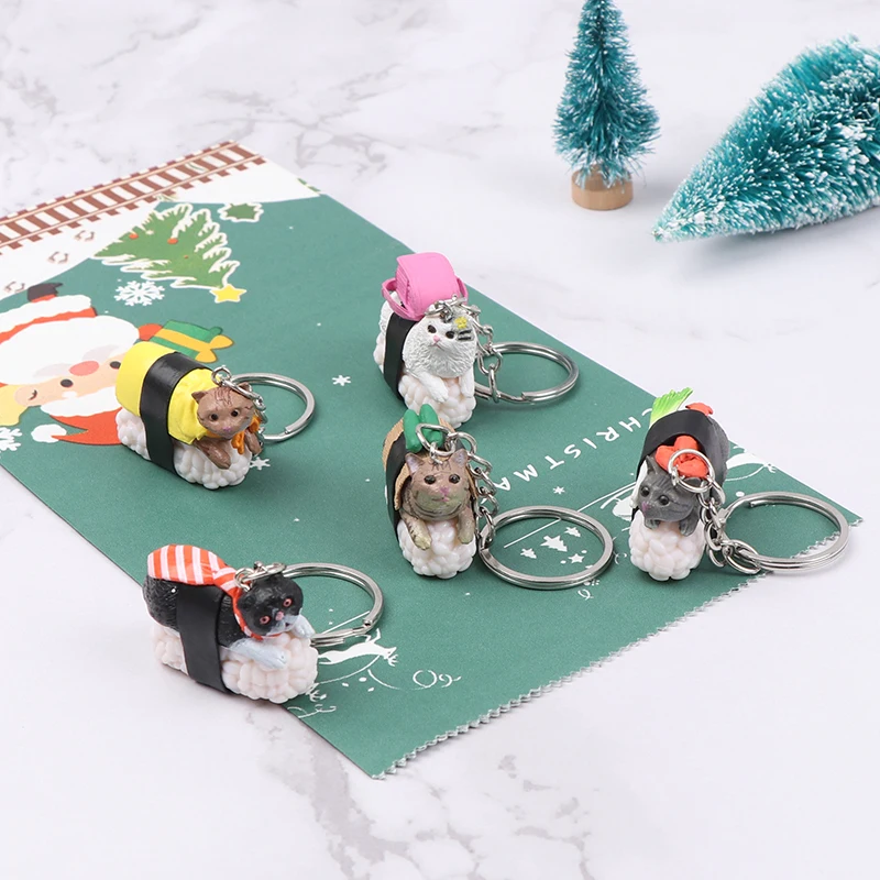 1pc Car Goods Cute Cartooon Car Auto Keyring Cat And Sushi Keychain Metal Keychain Key Ring Pendant Jewelry