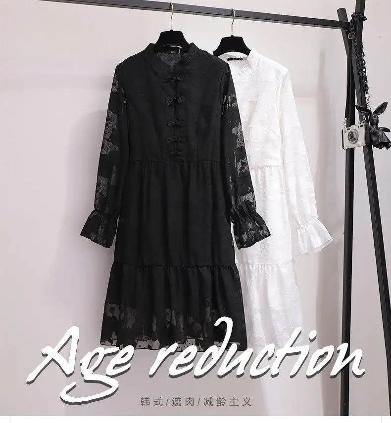 2XL-6XL Large size Women Lace Dress Autumn Winter Vintage Loose Office Dress Embroidery 5XL Female Plus size Elegant Party Dress