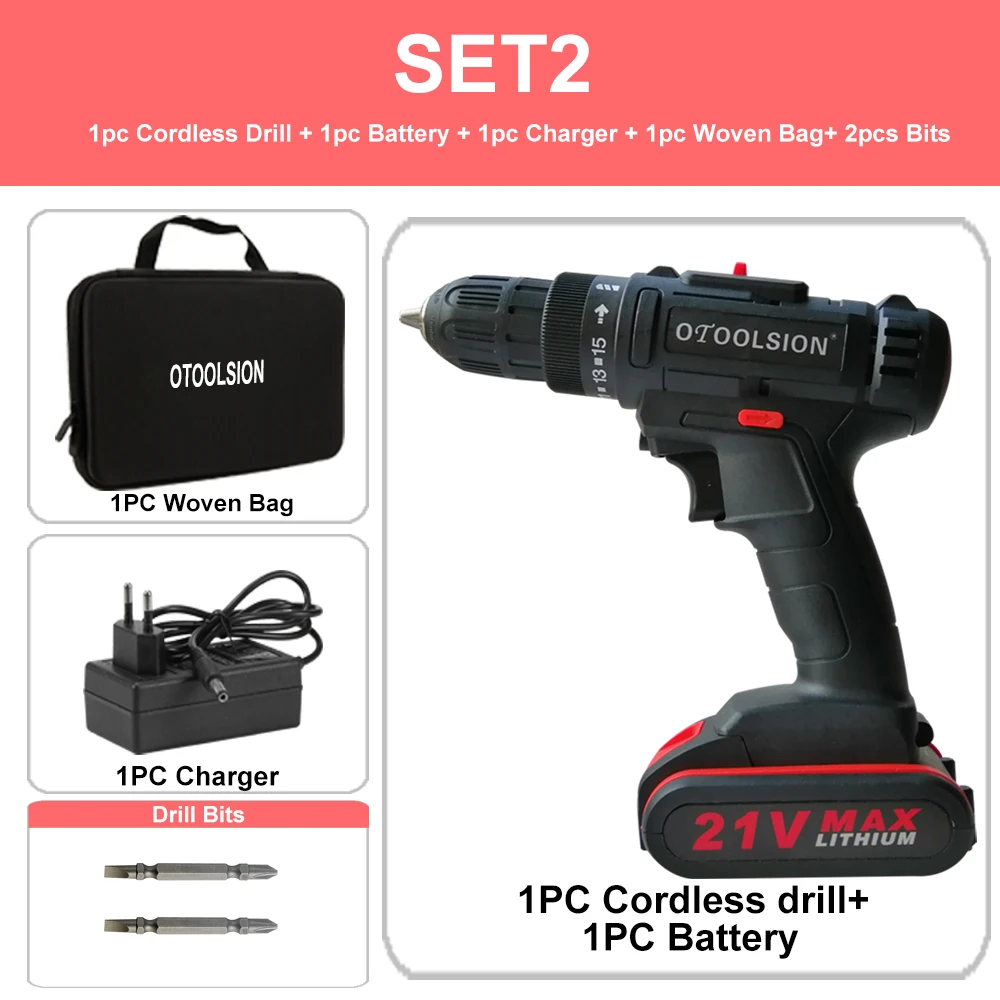 SET2 (1 pc battery) Переменная скорость 21 в на батареях шуруповёрт электрическая дрель мощность Мини дрель электрическая отвертка электрические инструменты для работы по дереву - Цвет: SET2 (1 pc battery)