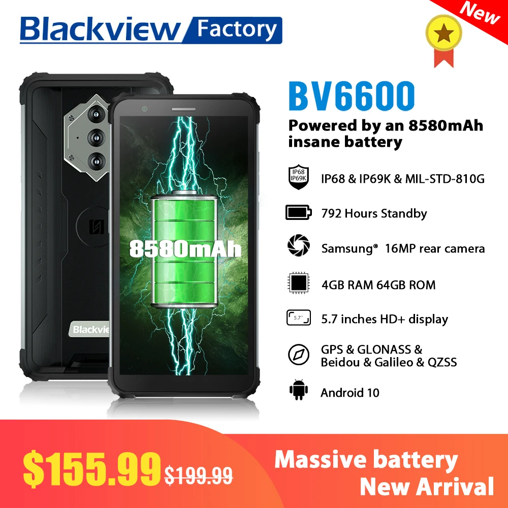Смартфон Blackview BV6600 IP68 водонепроницаемый 8580 мАч Восьмиядерный 4 Гб + 64 ГБ Android 10