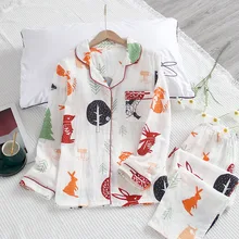 

Spring and Autumn New Cotton Double Gauze Long-sleeved Trousers Pajamas Set Cartoon Squirrel Home Service Pajamas for Women