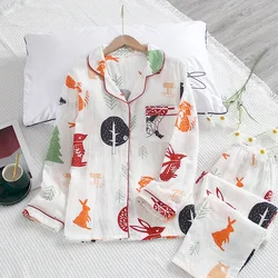 Spring and Autumn New Cotton Double Gauze Long-sleeved Trousers Pajamas Set Cartoon Squirrel Home Service Pajamas for Women