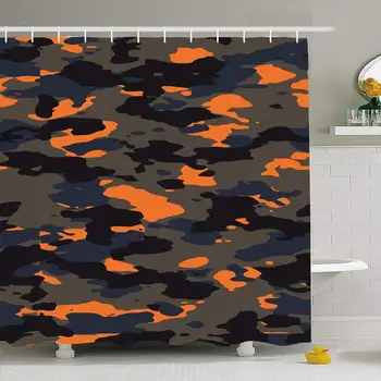 

Shower Curtain Set with Hooks 72x78 Jungle Dark Orange Modern Shape Wide Uniform Combat Camo Fashion Forest Material Abstract