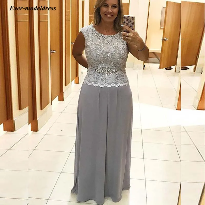 

Gray Lace Mother of the Bride Dresses Long O-Neck Zipper Back Beaded Chiffon Wedding Guest Dress Evening Gowns Plus Size