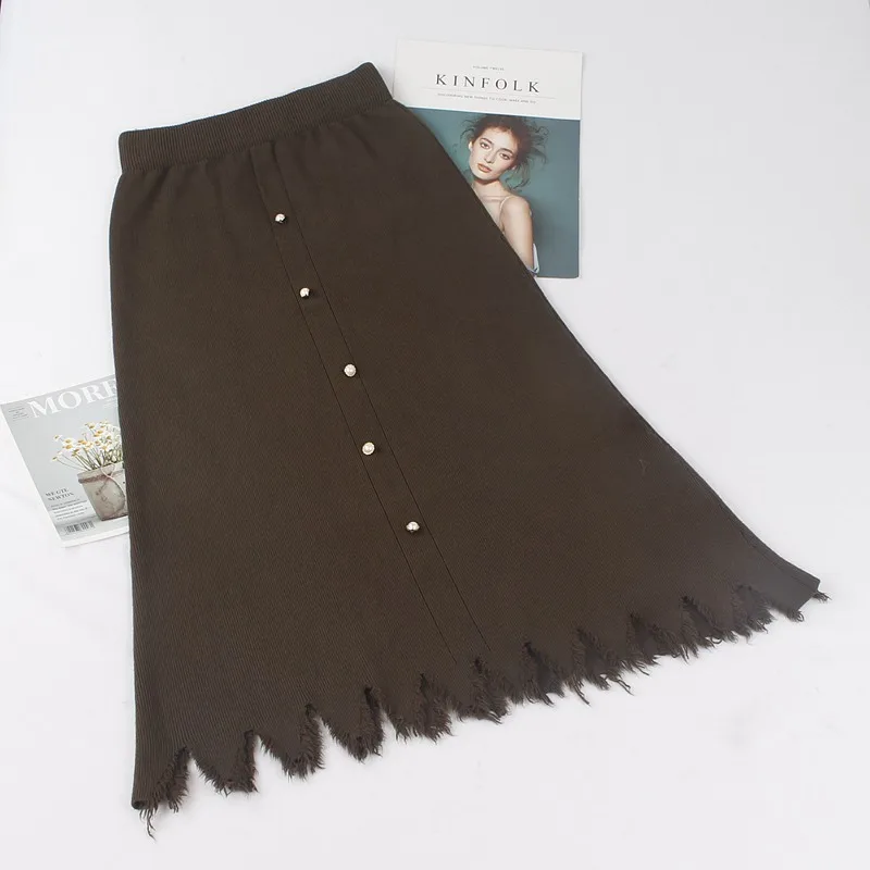 GIGOGOU осенне-зимняя женская трикотажная юбка с кисточками и пуговицами, толстая юбка-пачка средней длины, эластичная юбка с высокой талией, шикарная трапециевидная юбка Vestidos - Цвет: coffee 368