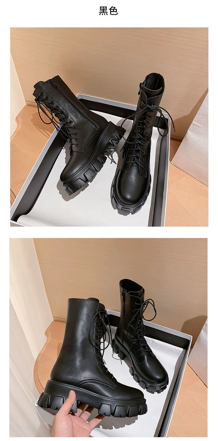 JAYHW Martin Boots Women Shoes Autumn Artificial Leather Round Toe Cross Lace-up Mid-calf Goth Boots Platform Botas Woman Mujer