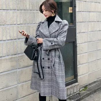 

Winter OL Notched Double Breasted Vintage Plaid Outwear Women Cloth Casual Loose Wool Blend Coat